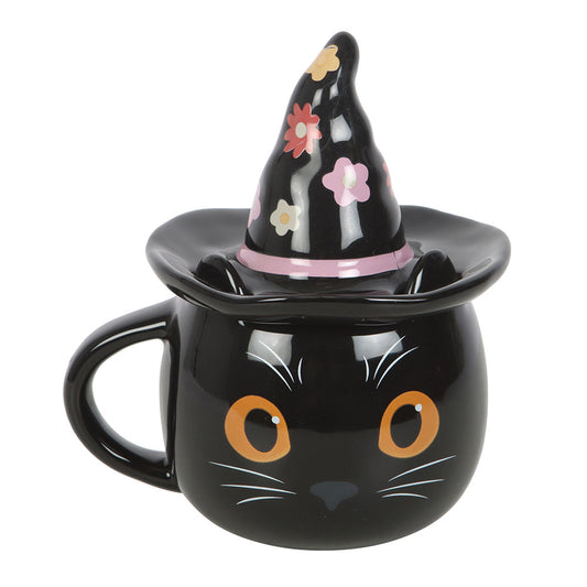 Whimsical Witch Cat Lidded Mug