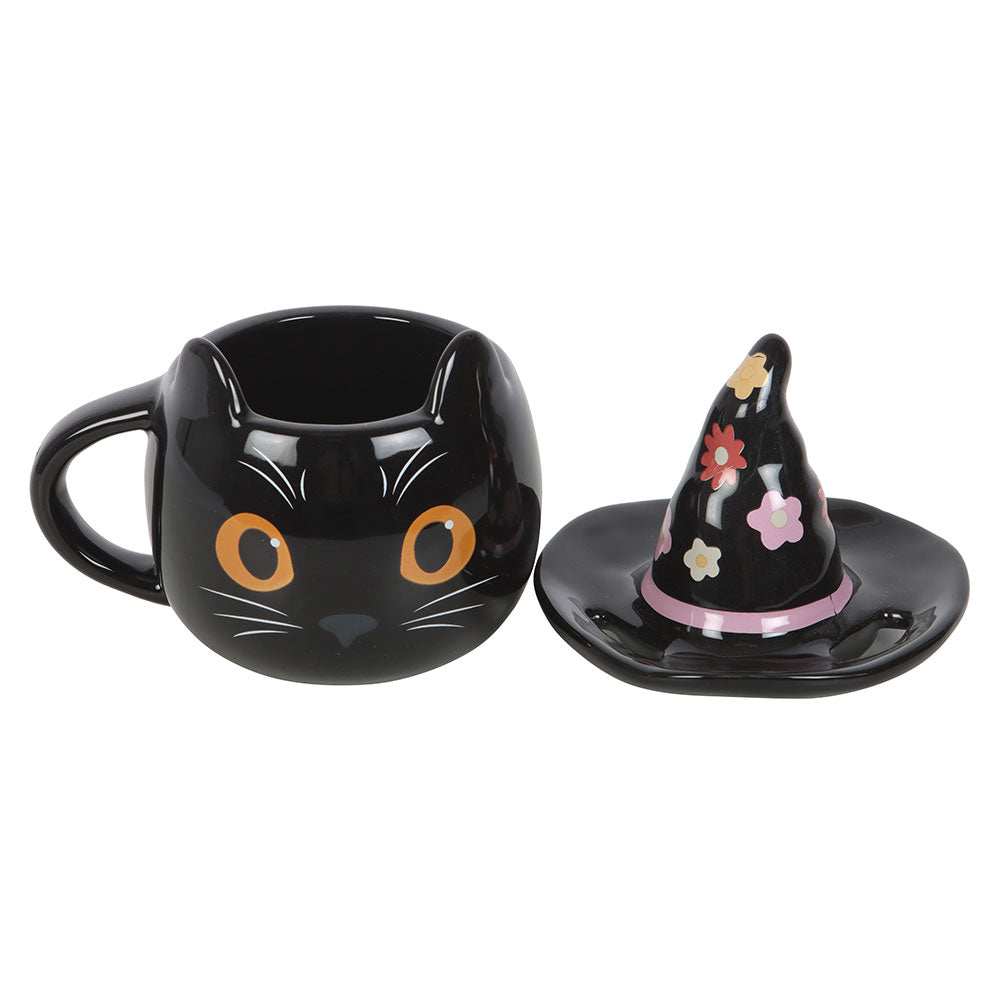 Whimsical Witch Cat Lidded Mug
