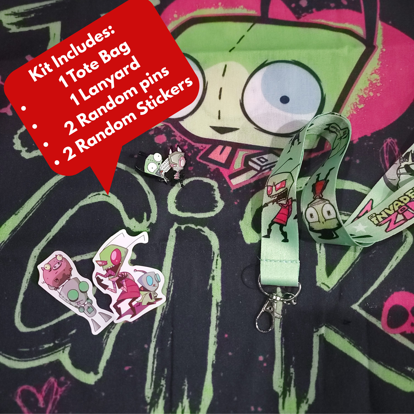 Gir Goodie Bag Invader Zim kit,2 stickers,2 pins,1 lanyard,1 bag