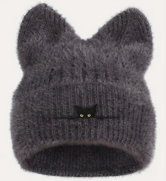 Black Cat Embroidered Knit Beanie-Super soft