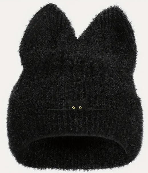 Black Cat Embroidered Knit Beanie-Super soft
