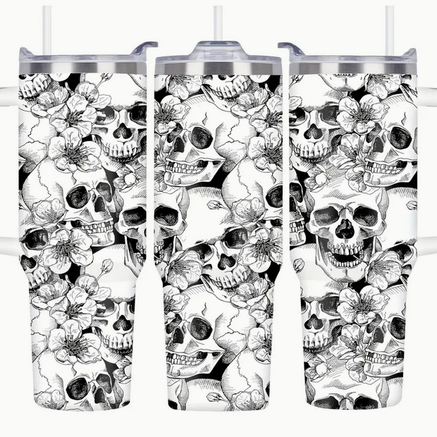 XL Skull and Flower Black and White Tumbler