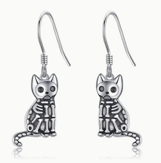 Sterling silver cat skeleton dangle earrings