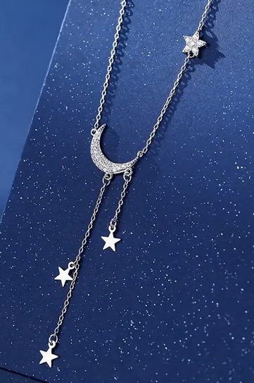 Sparkling moon and star silver adjustable necklace