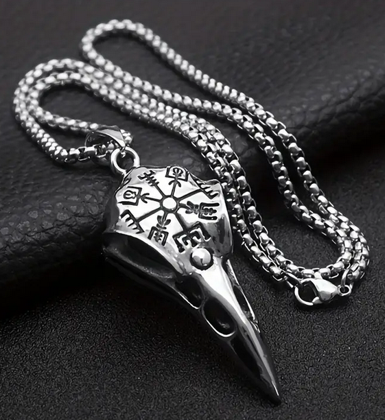 Nordic Viking Crow Skull Odin's Rune Necklace