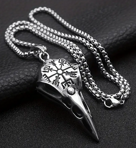 Nordic Viking Crow Skull Odin's Rune Necklace