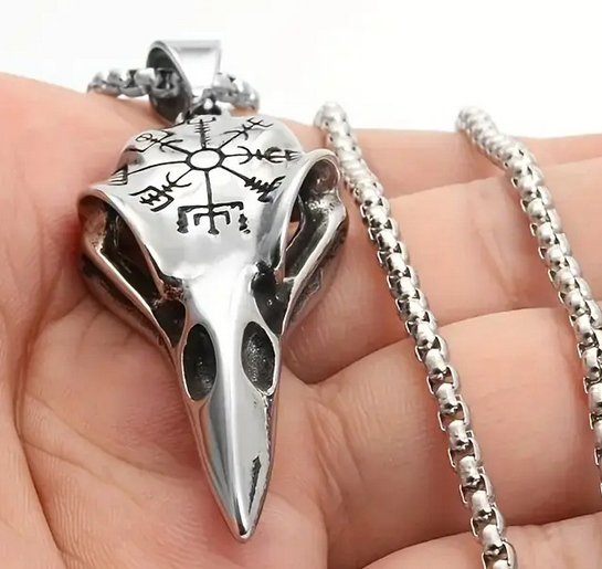 Nordic Viking Crow Skull Odin's Rune Necklace
