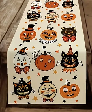 Vintage Halloween Table Runner Pumpkin, Black Cat Ghost