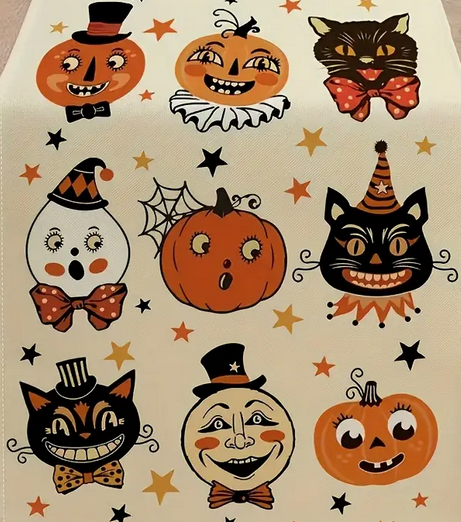 Vintage Halloween Table Runner Pumpkin, Black Cat Ghost