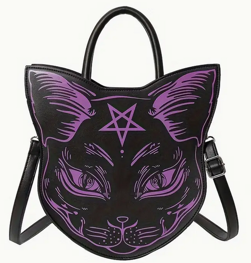 Gothic Witchy Pentagram Cat Shaped Purse Bag Crossbody Purple