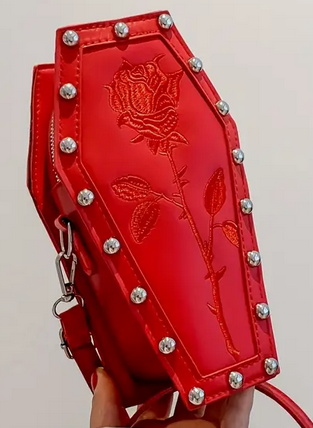 Red Coffin with Rose Embroidered  Crossbody Bag