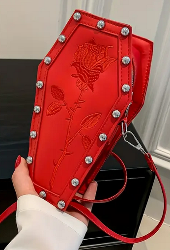 Red Coffin with Rose Embroidered  Crossbody Bag