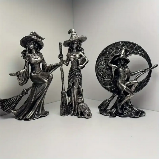 Practicing Witch Statues Moon, Broom, Cat, Book