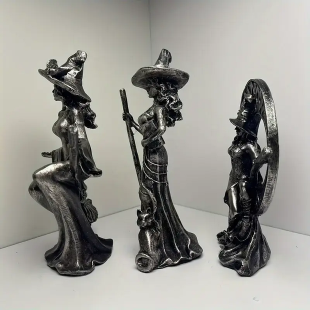 Practicing Witch Statues Moon, Broom, Cat, Book