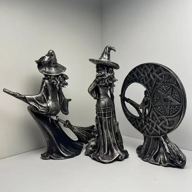 Practicing Witch Statues Moon, Broom, Cat, Book
