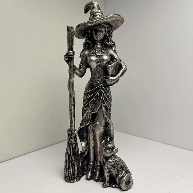 Practicing Witch Statues Moon, Broom, Cat, Book