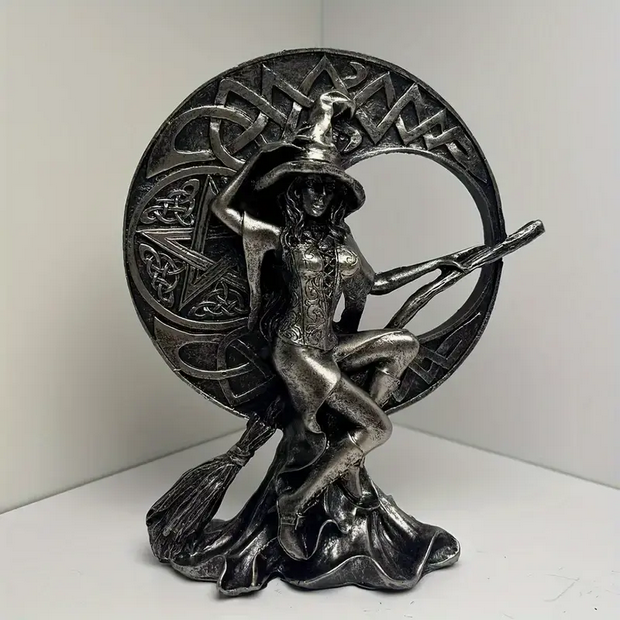 Practicing Witch Statues Moon, Broom, Cat, Book