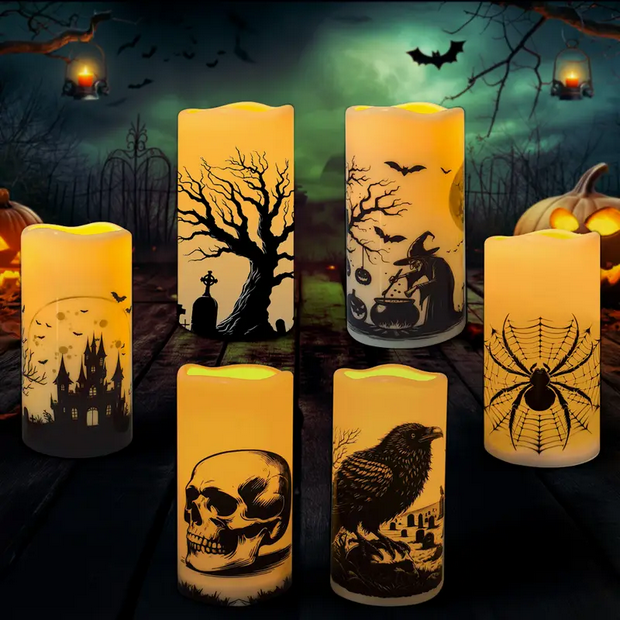 Lighted Glowing Halloween Gothic Candles Raven Crow Pumpkin Skull Witch