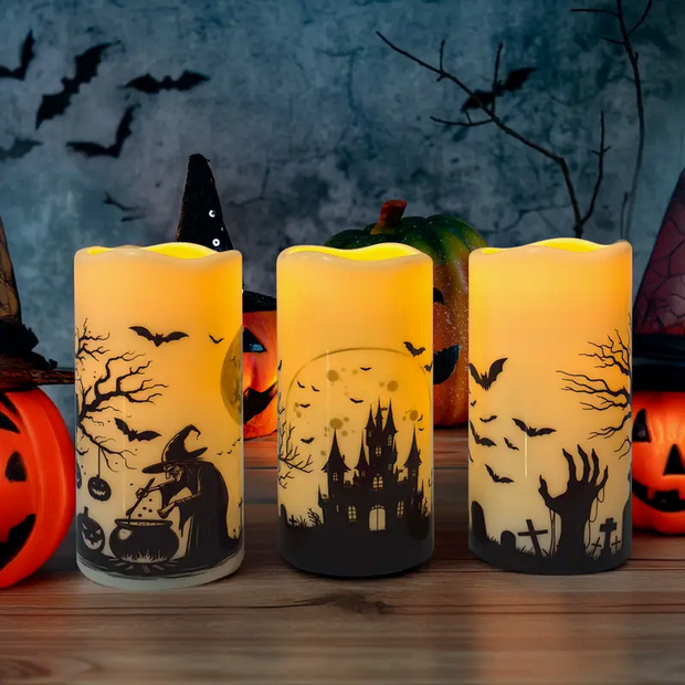 Lighted Glowing Halloween Gothic Candles Raven Crow Pumpkin Skull Witch