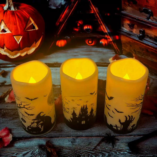 Lighted Glowing Halloween Gothic Candles Raven Crow Pumpkin Skull Witch