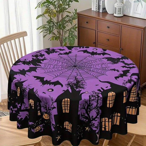 Purple Halloween Haunted House Bats and Spider Tablecloth