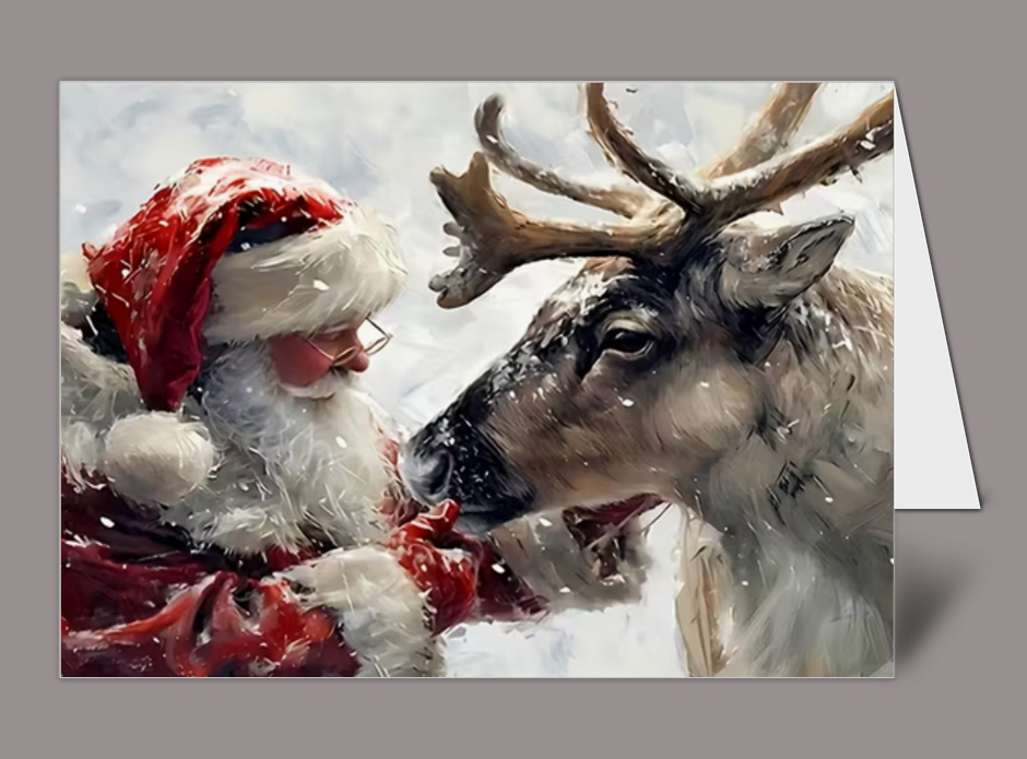 Santa, Reindeer Barn Christmas Holiday Greeting Card