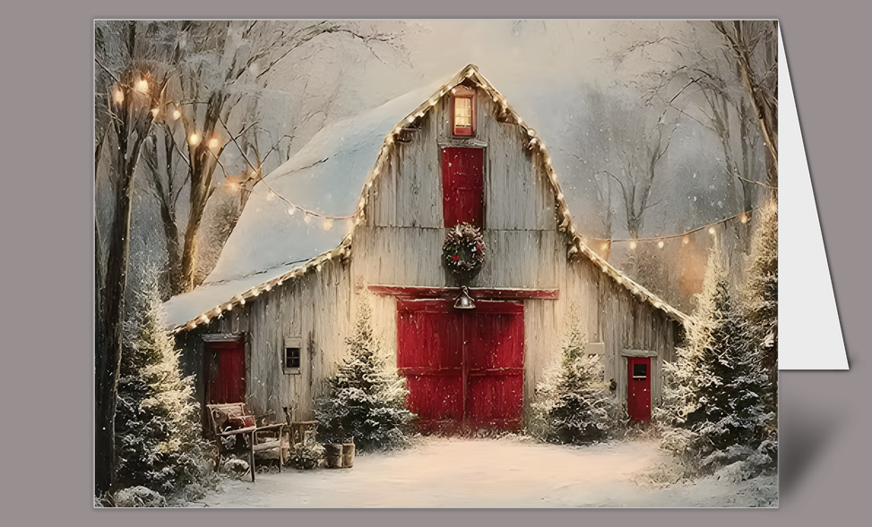 Santa, Reindeer Barn Christmas Holiday Greeting Card