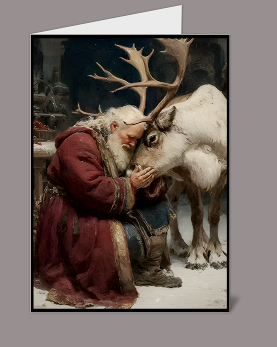 Santa, Reindeer Barn Christmas Holiday Greeting Card