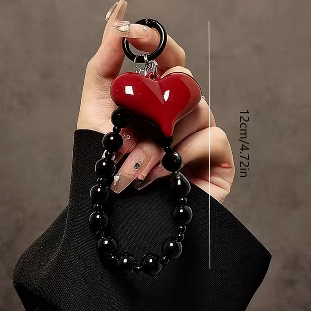 Red Heart Pendant Beaded Goth Phone Chain Lanyard Wrist Strap