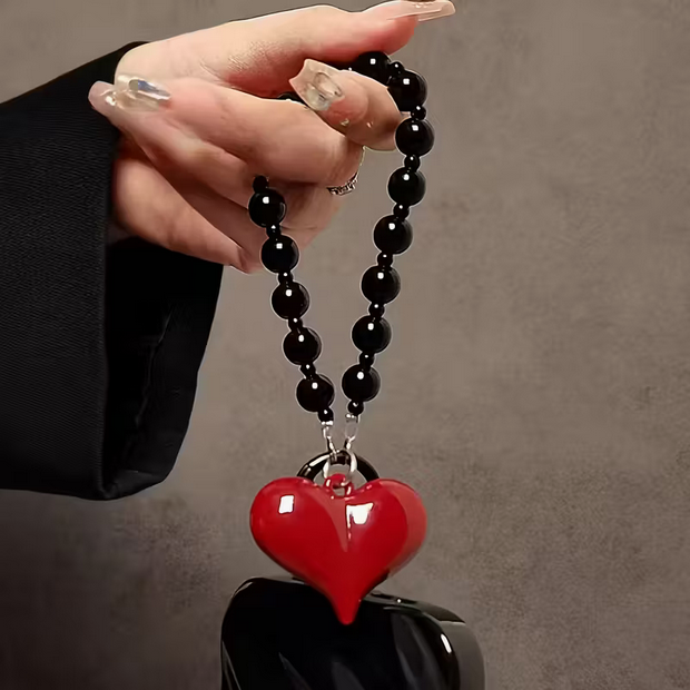 Red Heart Pendant Beaded Goth Phone Chain Lanyard Wrist Strap