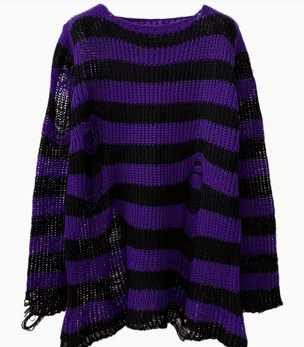 Purple Black Oversized Stripped Ribbed Sweater