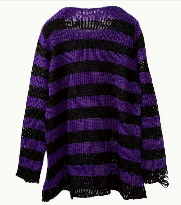 Purple Black Oversized Stripped Ribbed Sweater