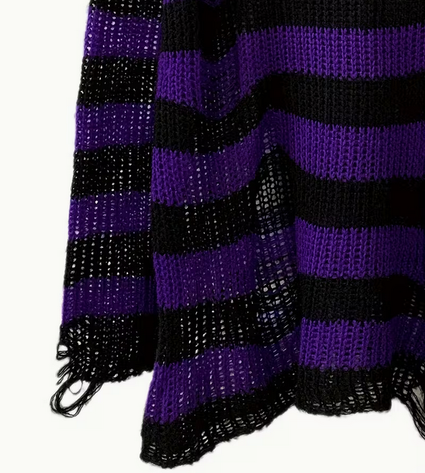 Purple Black Oversized Stripped Ribbed Sweater