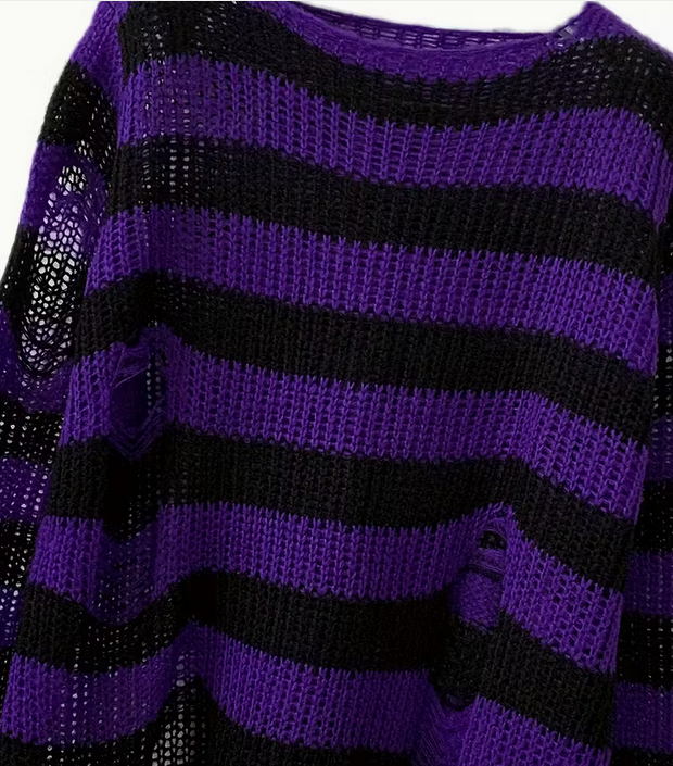 Purple Black Oversized Stripped Ribbed Sweater