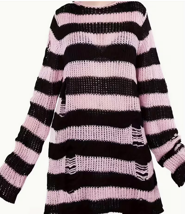 Pink Black Oversized Stripped Ribbed Sweater