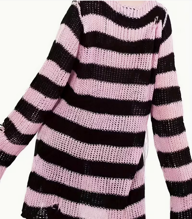 Pink Black Oversized Stripped Ribbed Sweater