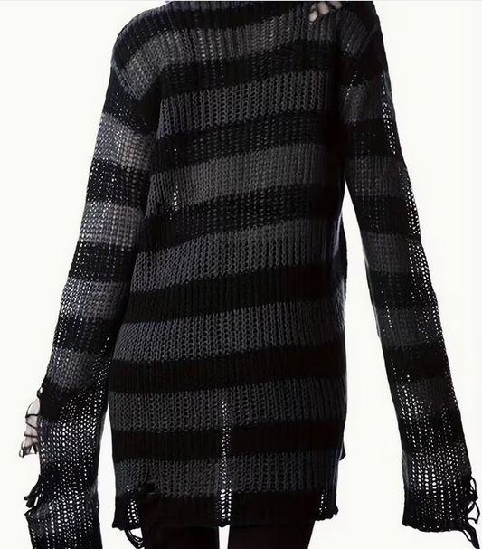Grey Black Oversized Stripped Ribbed Sweater