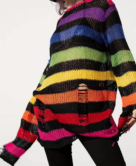 Rainbow Black Oversized Stripped Ribbed Sweater