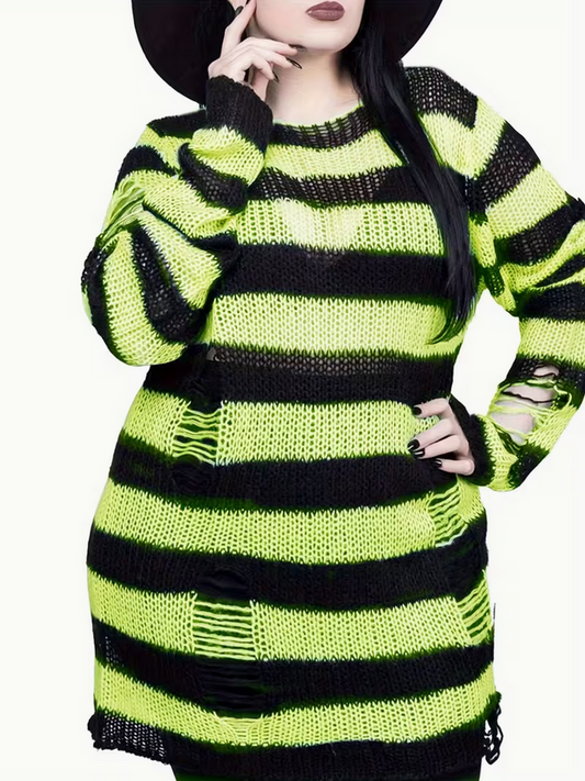 Neon Green Black Oversized Stripped Ribbed Sweater