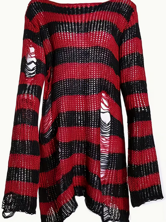 Red Black Oversized Stripped Ribbed Sweater