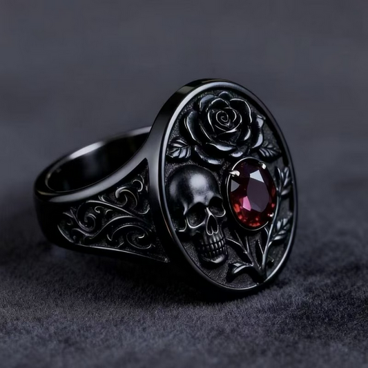 Skull and Rose Red Gemstone Goth Gun Metal Black Ring