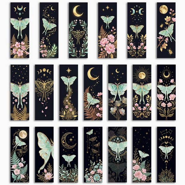 Luna Moth Celestial, Moon Phases, Floral Night Sky Bookmark
