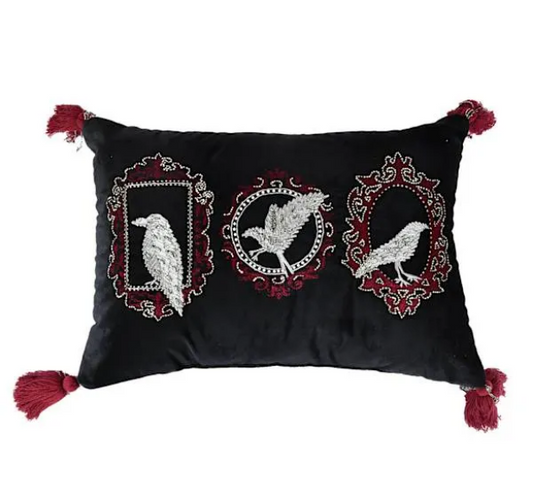 Black Red Velvet Beaded Raven Throw Pillow
