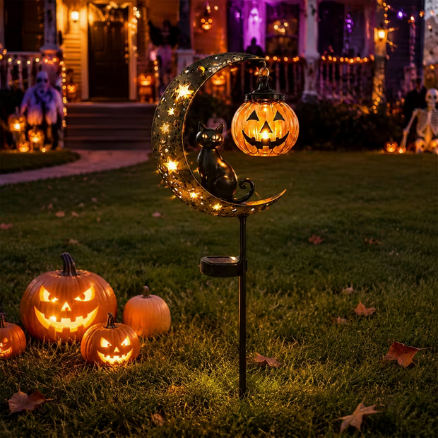Black Cat Moon and Jack-O-Lantern Garden Stake Ornament