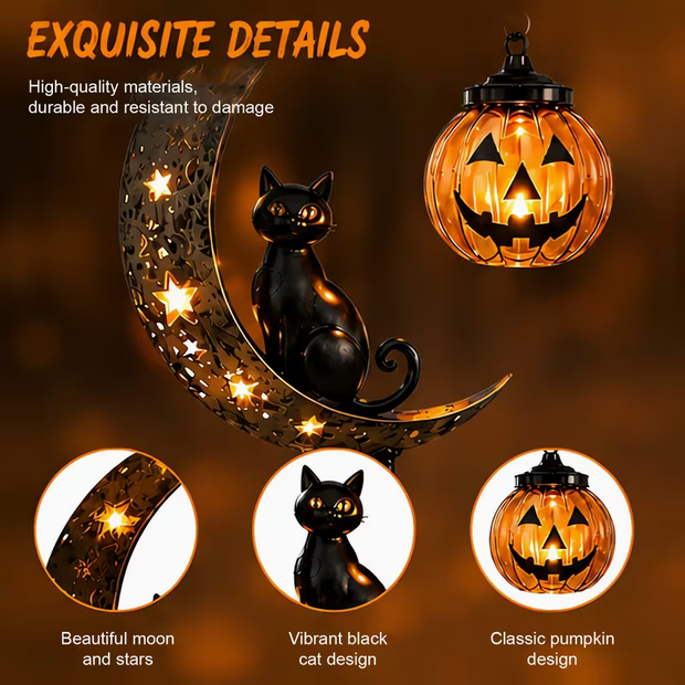 Black Cat Moon and Jack-O-Lantern Garden Stake Ornament