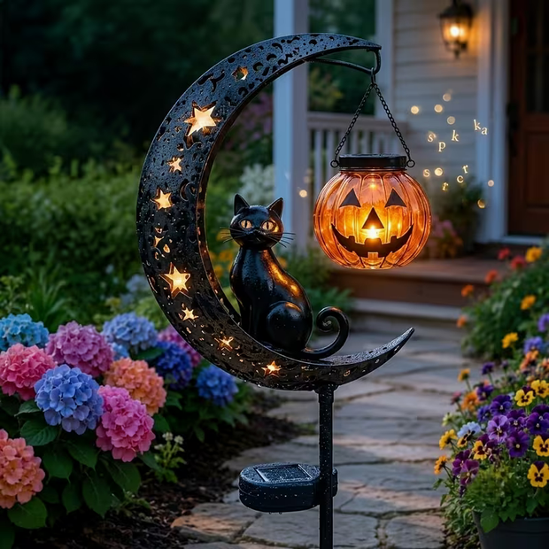 Black Cat Moon and Jack-O-Lantern Garden Stake Ornament