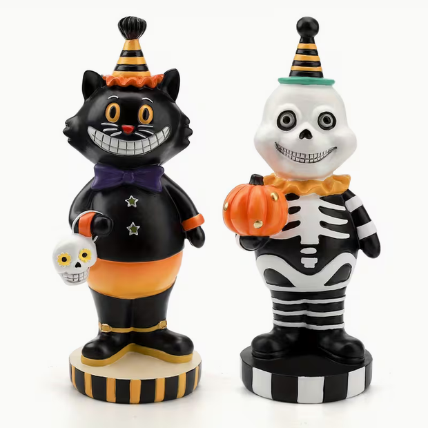 Vintage Halloween Black Cat & Skeleton Resin Decor Set of 2