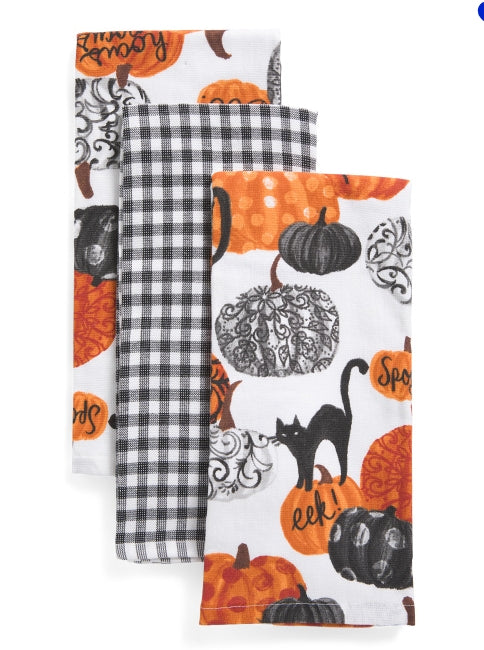 Black Cat Pumpkin Creepy Fun Halloween Kitchen Towels Set of 3