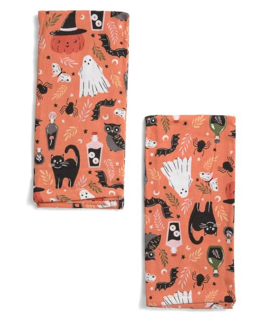 Orange Halloween Black Cat Ghost Fun Kitchen Towels Set of 2
