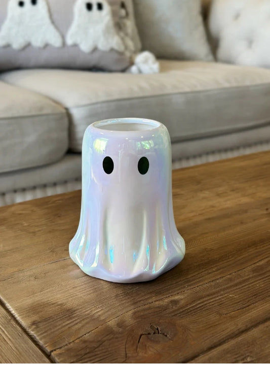 Mini White Iridescent Ghost Candle Pumpkin Spice Ceramic